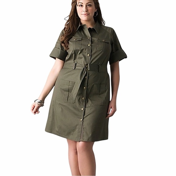 Lane Bryant Dresses & Skirts - NWT Lane Bryant Olive Green Khaki Twill Belted Safari Shirt Dress Plus Size 24